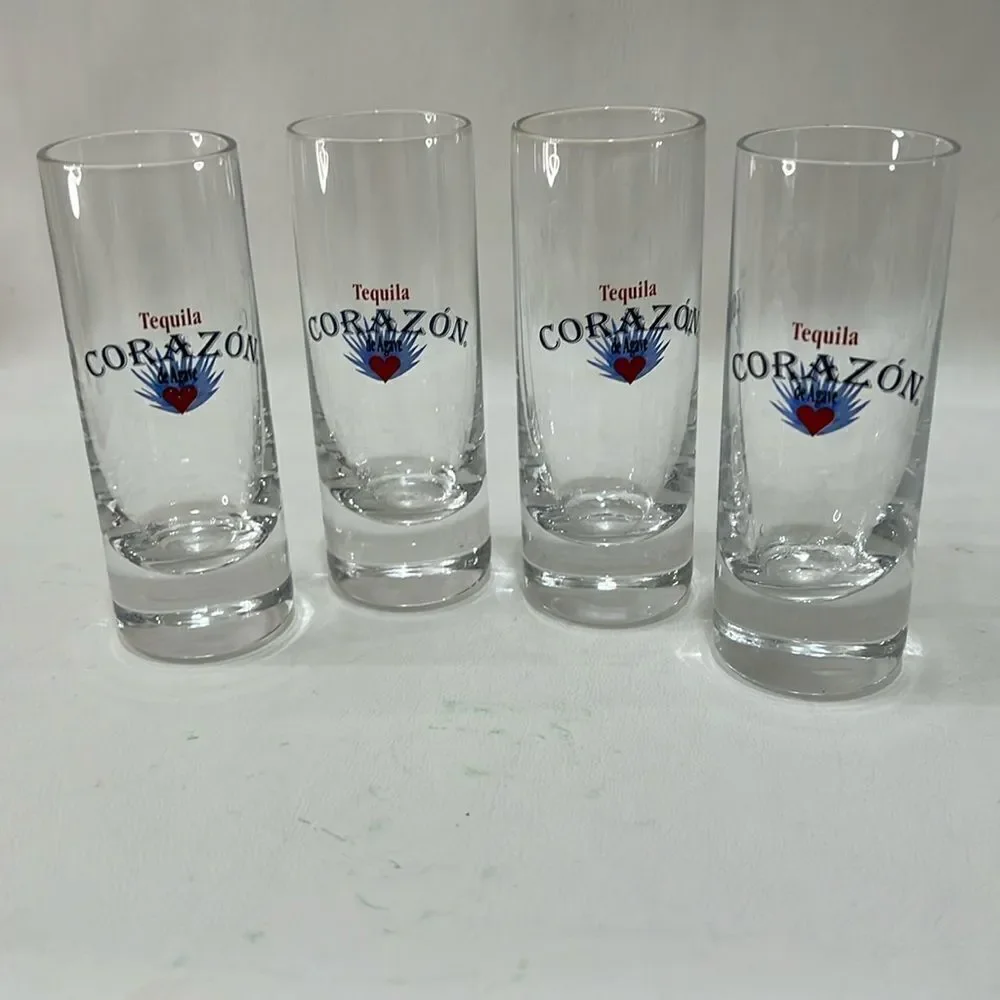 Tequila Corazon Shot Glasses 2 Oz Each Blue Red Writing 4 Included 4 1/4 In Tall
